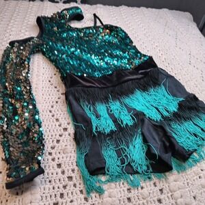 Weissman Partys Just Begun Adult SA Dance Costume Teal Ombre Fringe Discontinued